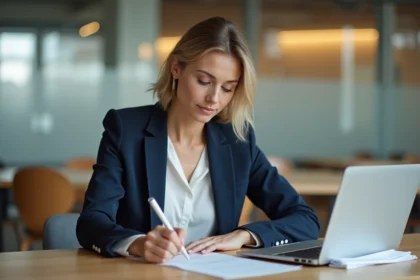 Femme professionnelle rédigeant une lettre de demande de rupture conventionnelle à son bureau en entreprise