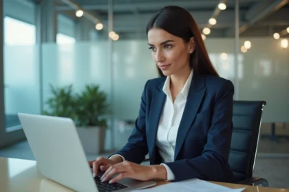 Femme professionnelle rédigeant un mail formel sur un ordinateur portable dans un bureau moderne
