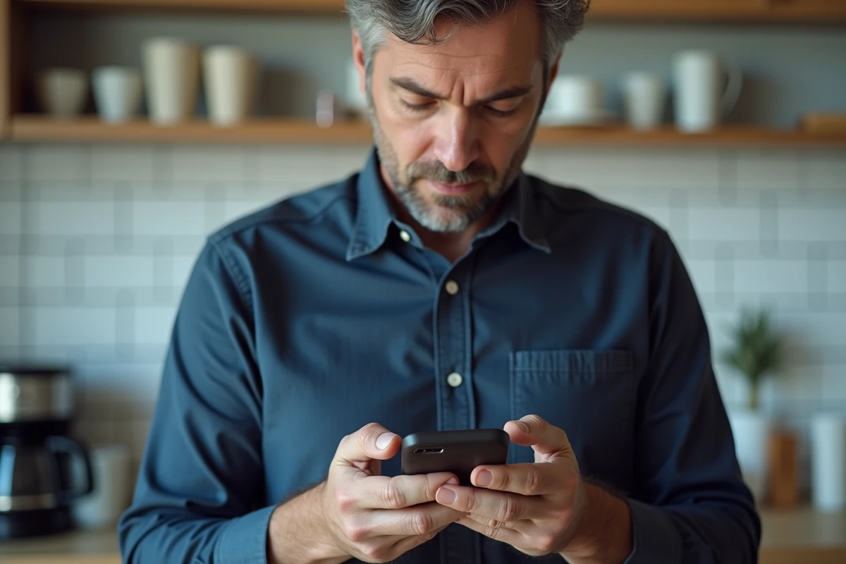 Homme consultant son smartphone dans une cuisine pour réinitialiser son mot de passe myPrimobox