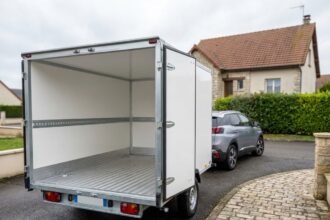 Remorque fourgon blanche ouverte attachée à un SUV dans une allée résidentielle