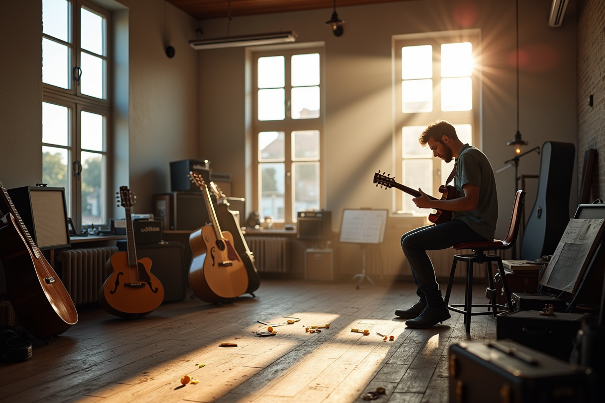 Musicien jouant de la guitare en studio en lumière naturelle