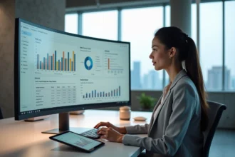 Responsable marketing e-commerce analysant une campagne PPC sur un tableau de bord Google Ads dans un bureau moderne