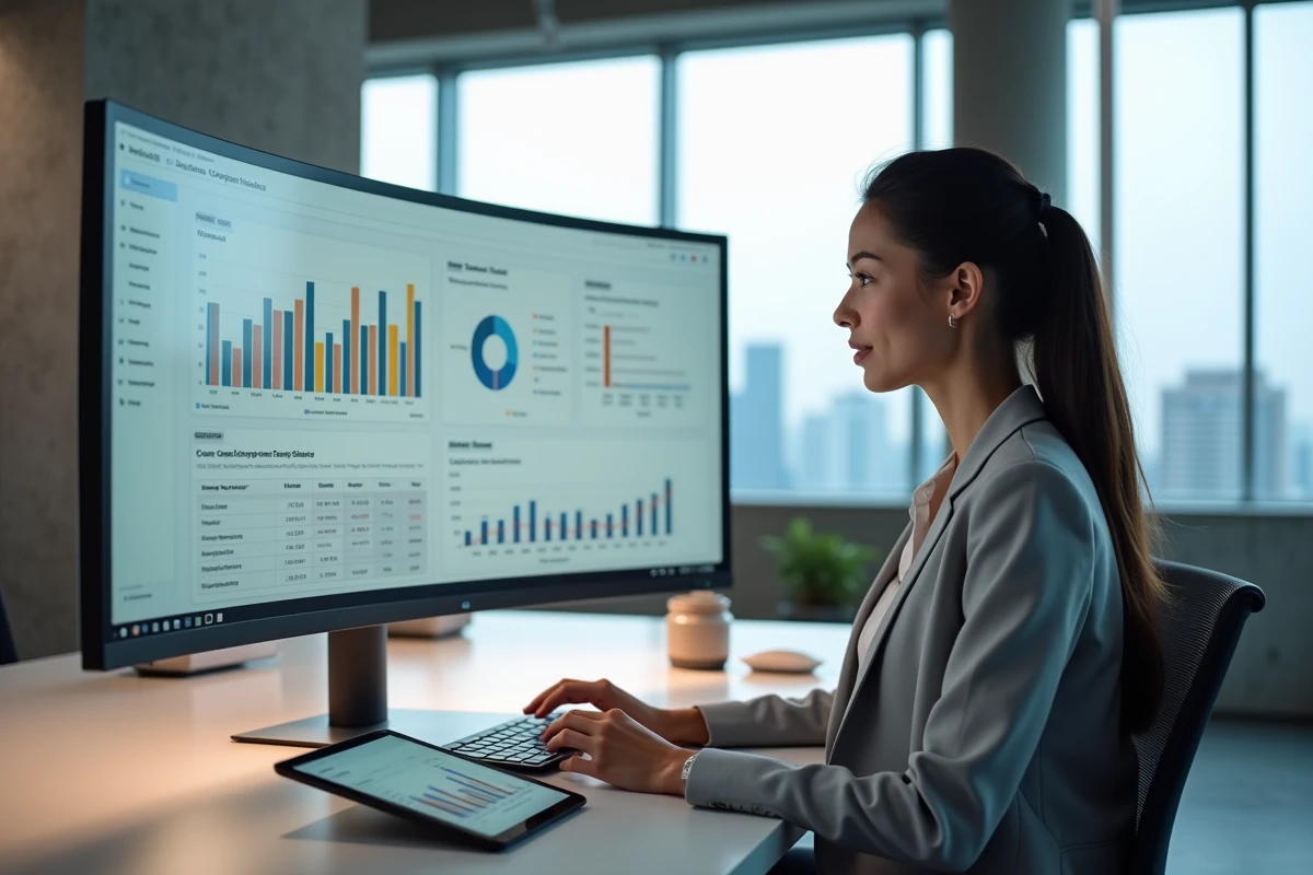 Responsable marketing e-commerce analysant une campagne PPC sur un tableau de bord Google Ads dans un bureau moderne