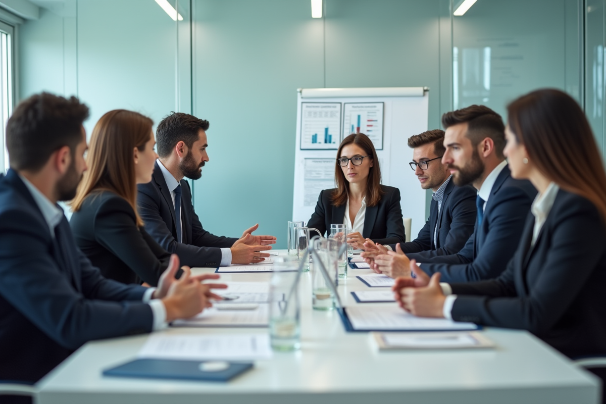 Groupe d administrateurs publics en discussion dans une salle moderne
