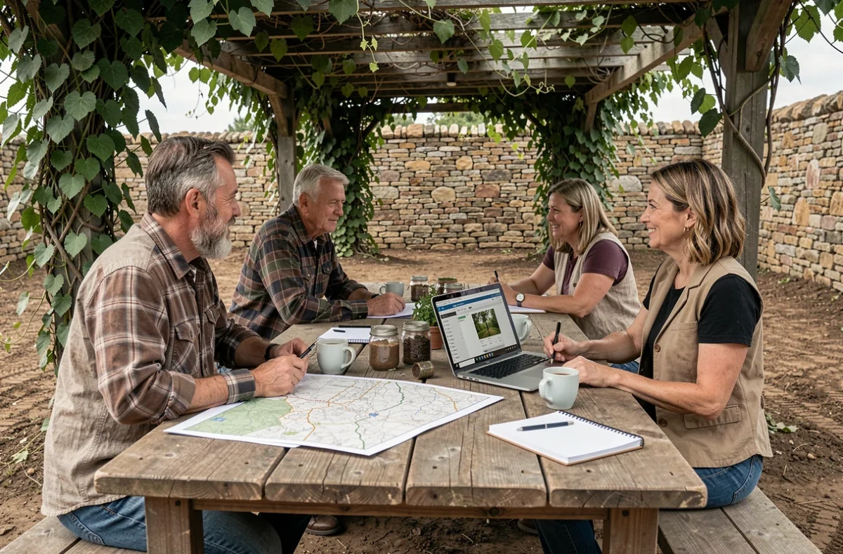 Groupe de citoyens réunis autour d'une table pour planifier un projet de reforestation locale dans un espace communautaire rural