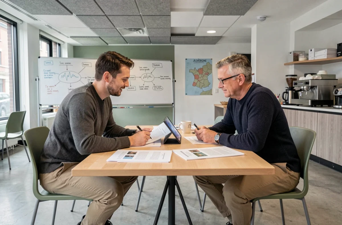 Deux professionnels en réunion informelle dans un coworking à Clermont-Ferrand