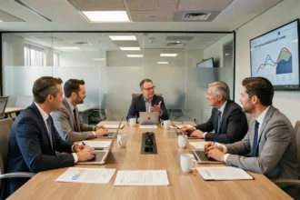Réunion du CSE dans une salle de conférence moderne avec des représentants du personnel discutant autour d'une table