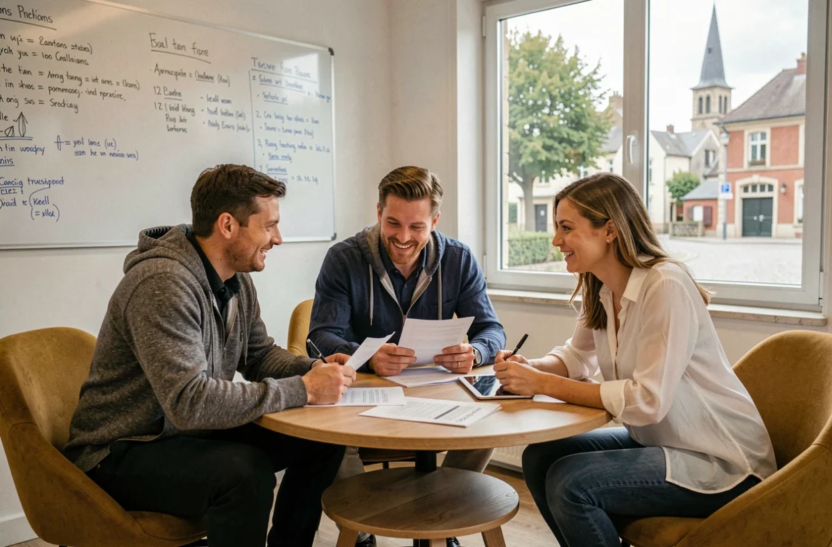 Groupe de professionnels en réunion informelle dans un espace coworking à Challans autour d'une table ronde