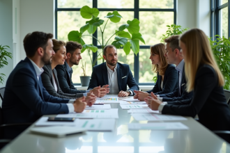 Groupe de professionnels en réunion autour d'une table avec graphiques durables