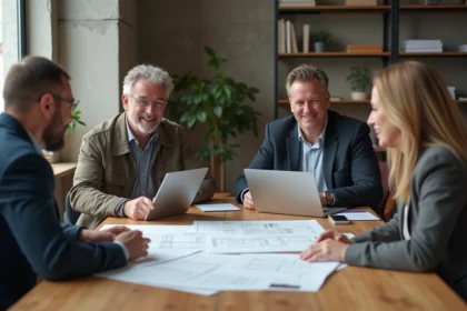 Professionnels du BTP réunis autour d'une table de travail collaborative avec plans et ordinateurs dans un espace de co-working industriel