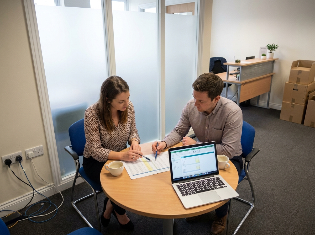 Deux associés de startup révisant un budget d'aménagement de bureau avec des postes de dépenses oubliés lors d'une réunion dans leurs nouveaux locaux
