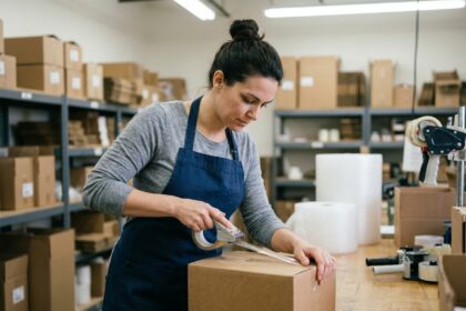 Femme appliquant du ruban adhésif d'emballage sur un colis en carton dans un entrepôt logistique