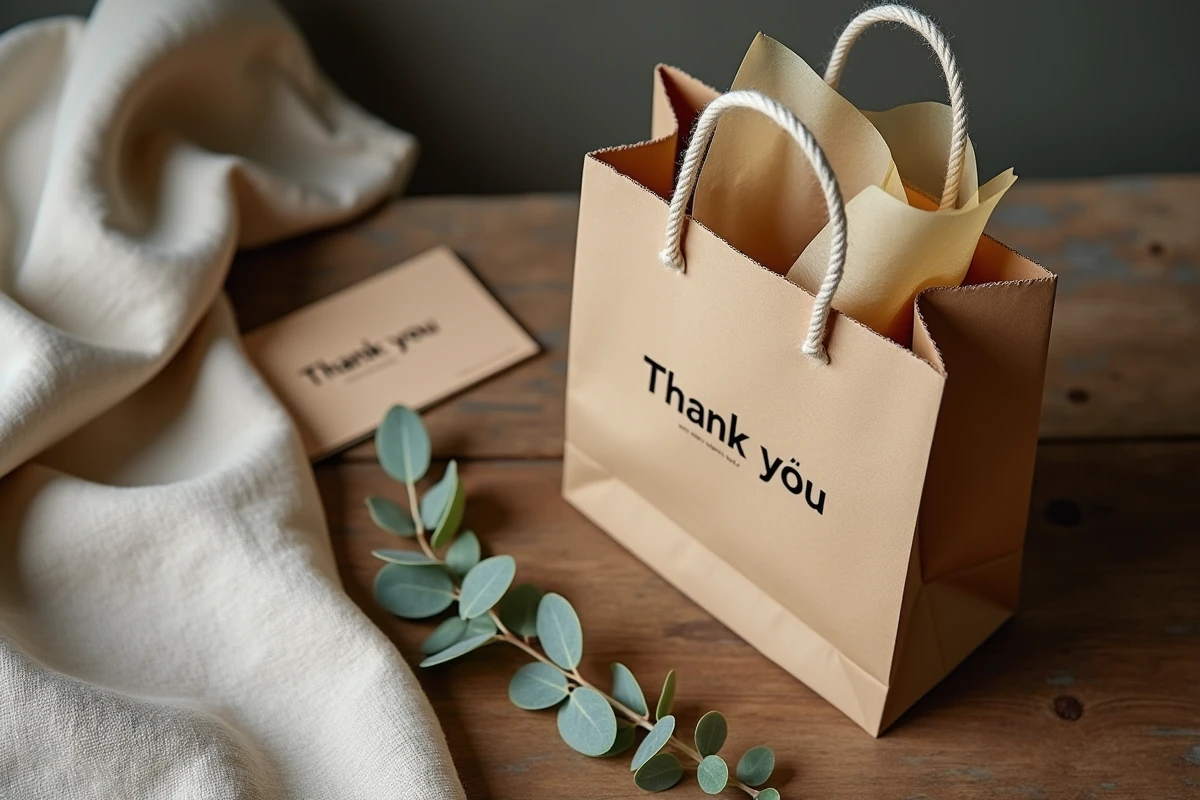 Sac papier kraft personnalisé avec logo pour boutique en ligne posé sur une table en bois avec papier de soie et carte de remerciement