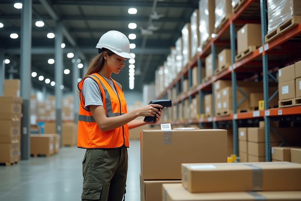 Employe de warehouse scannant un colis dans un centre logistique