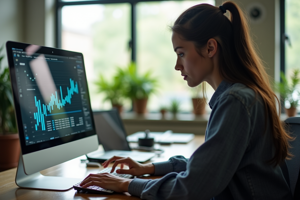 Stagiaire concentré travaillant sur un projet marketing numérique dans un espace lumineux