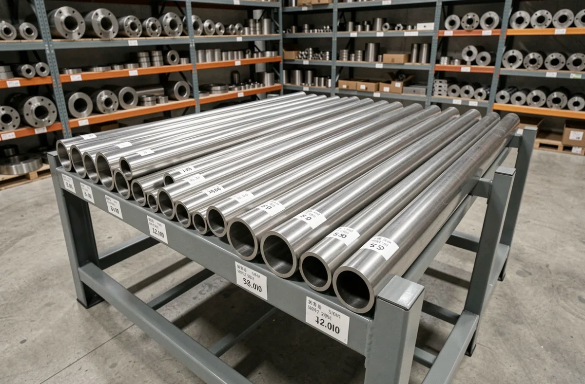 Rangée de tubes inox de différents diamètres sur rack de stockage en entrepôt industriel avec étiquettes de dimensions