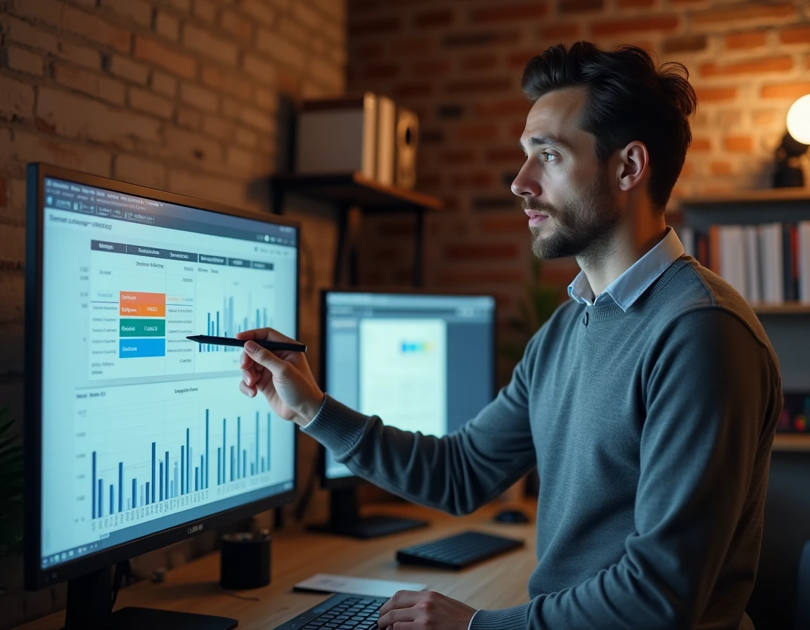 Un professionnel évalue une grille comparative de prix d'outils IA pour le marketing digital dans un espace de travail créatif