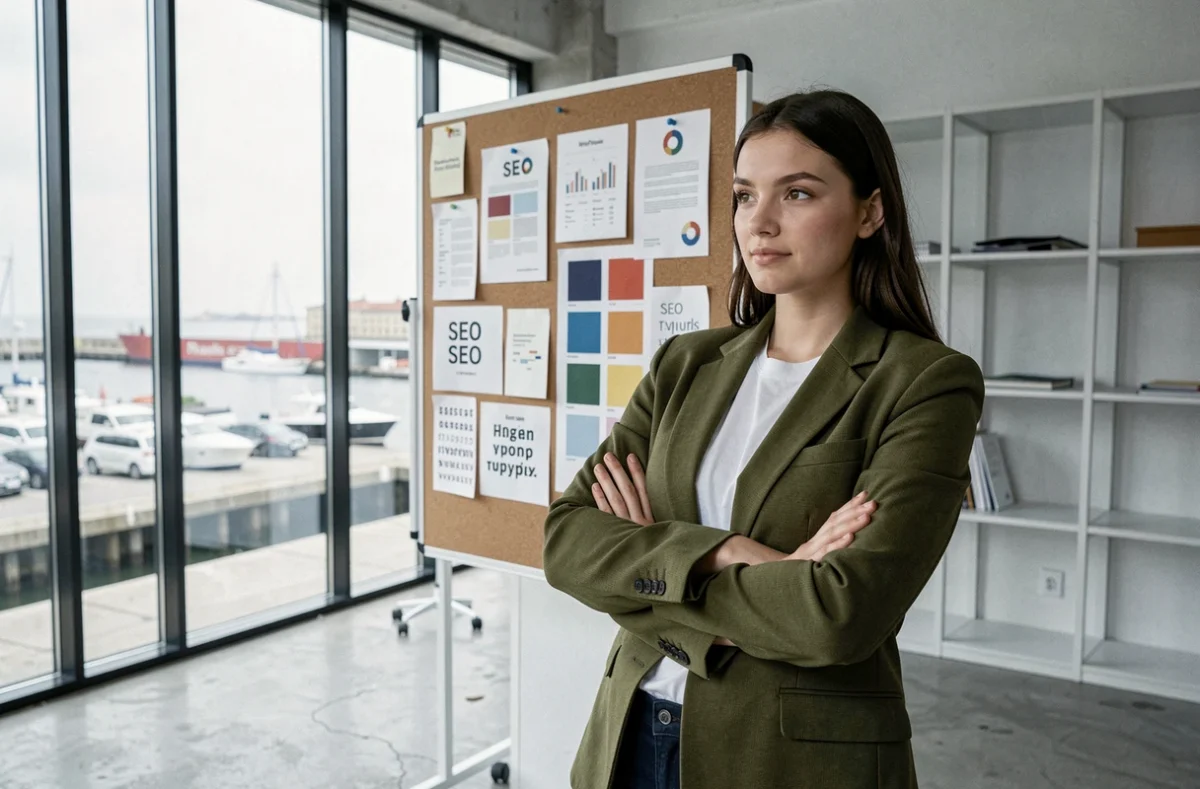 Designer créative du Studio Entêté à Brest devant un tableau de stratégie SEO et de marque