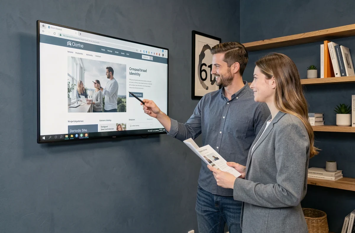 Équipe de Studio Num 61 présentant un projet de création de site web et d'identité visuelle dans leur studio ornais