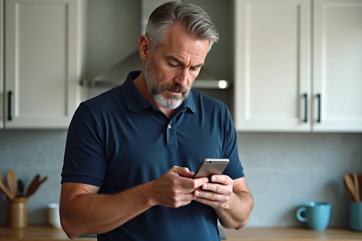 Homme consultant son smartphone pour suivre une commande en ligne non livrée et chercher un recours client