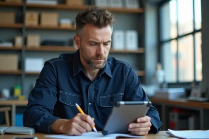 Technicien en uniforme dans un bureau moderne avec tablette numérique