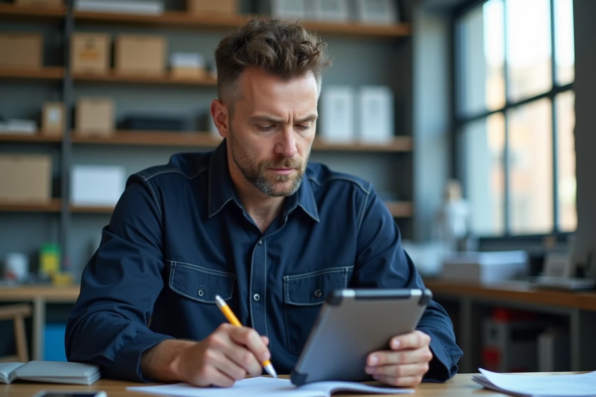 Technicien en uniforme dans un bureau moderne avec tablette numérique
