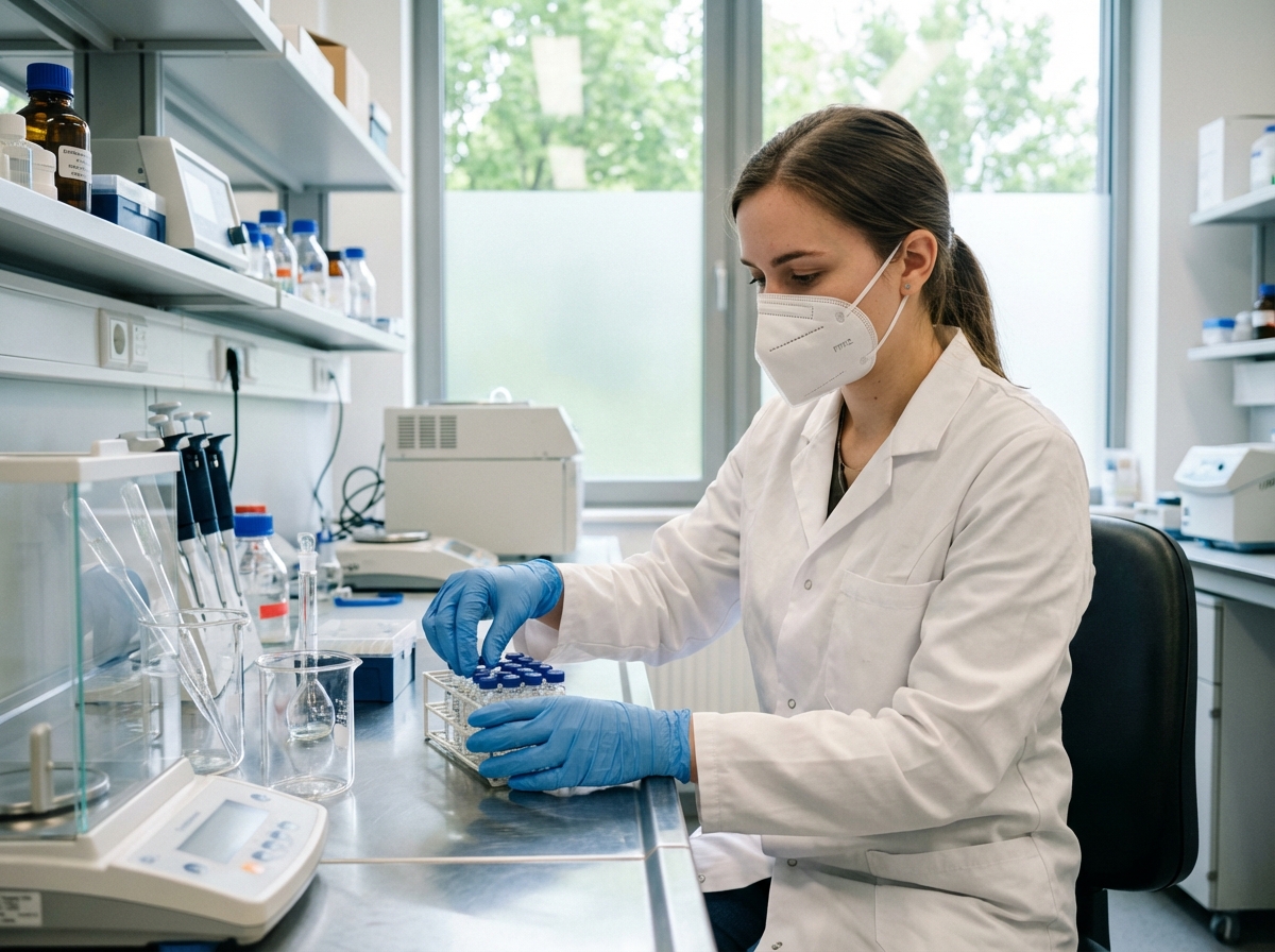 Technicienne de laboratoire manipulant des fioles dans un laboratoire