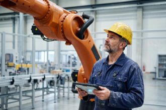 Technicien vérifiant un capteur sur une ligne de production automatisée