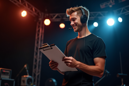 Jeune technicien en backstage vérifiant un carnet de notes