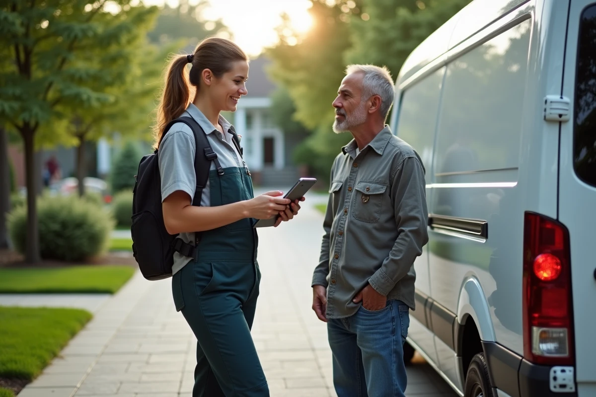 Technicien jeune avec van blanc parlant avec un propriétaire dans un quartier résidentiel