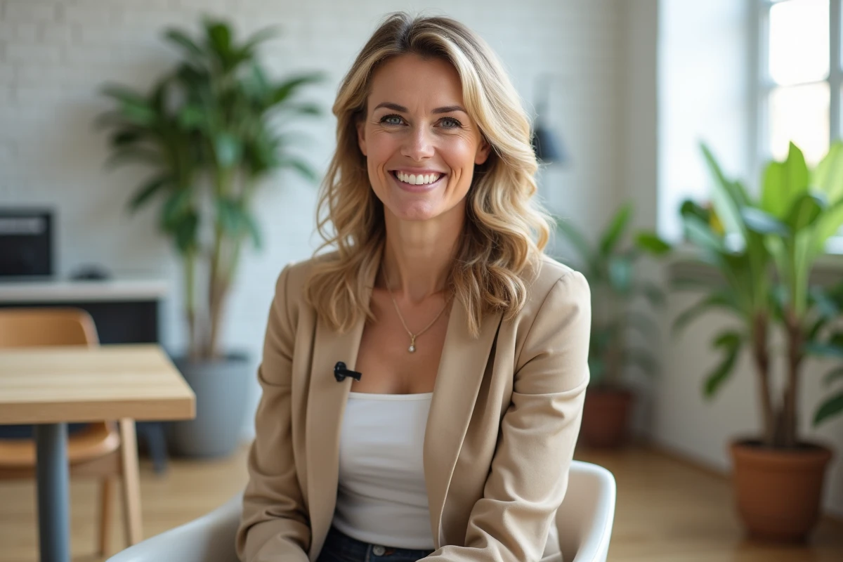 Femme professionnelle donnant un témoignage sincère dans un espace de coworking moderne, représentant l'avis d'un partenaire sur la collaboration avec Thibault Richelme
