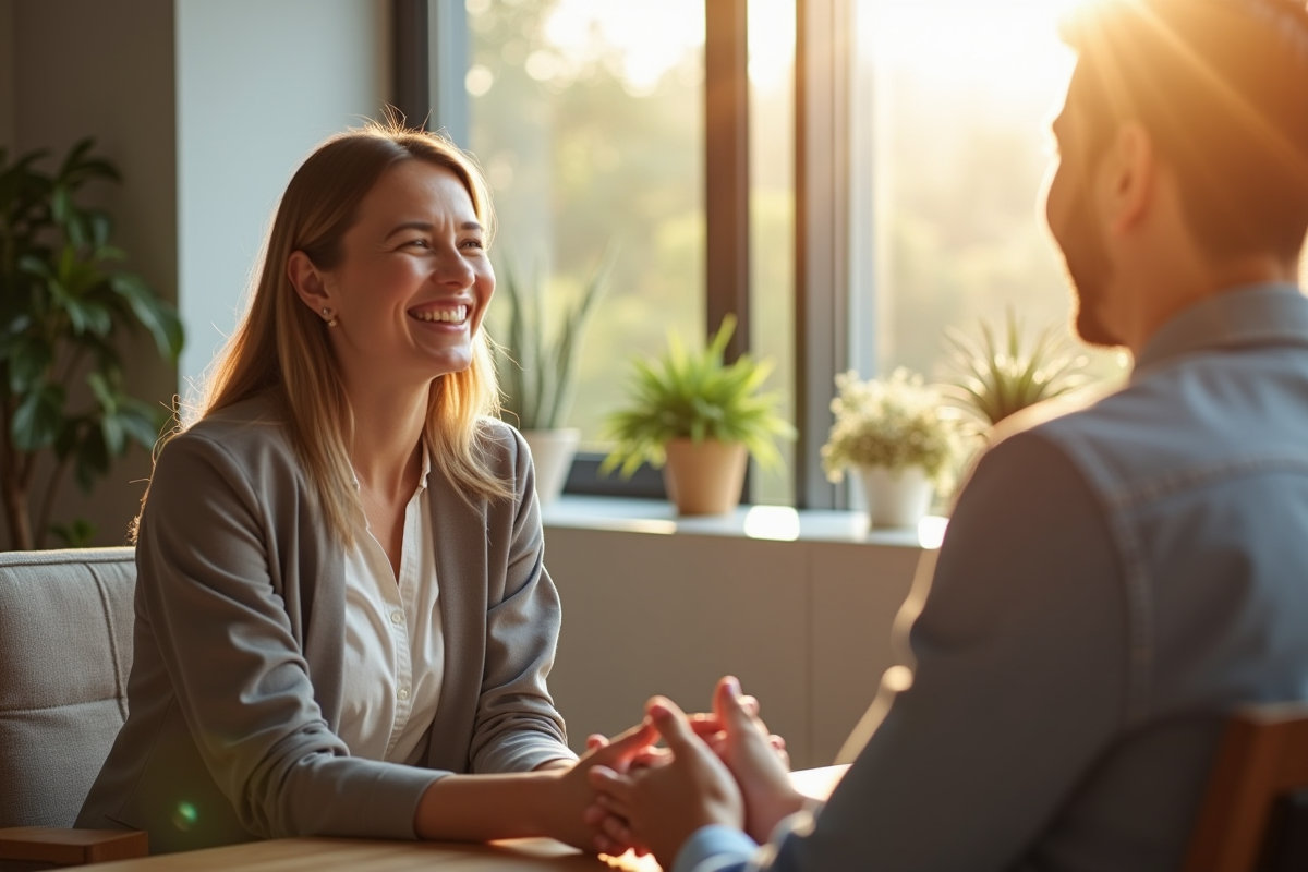 Thérapeute accueillant un nouveau client dans un bureau moderne