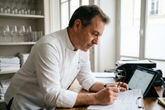 Traiteur parisien en veste blanche consultant un bon de commande pour cocktails avec calendrier sur tablette
