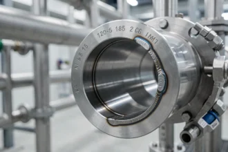Tube inox poli avec marquage de diamètre et raccords de ligne process industrielle en gros plan