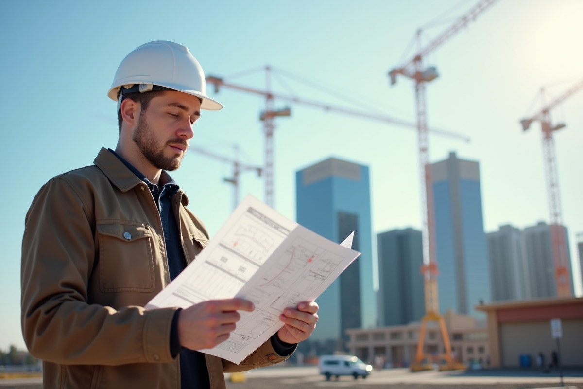 Jeune urbaniste examinant des plans sur un chantier en plein jour