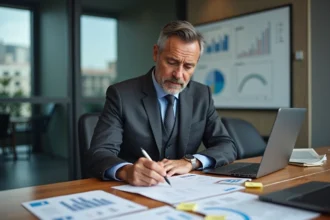 Dirigeant analysant des documents de valorisation d'entreprise lors d'une réunion de fusion-acquisition en salle de conférence