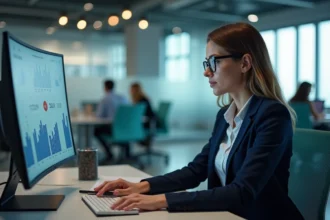 Professionnelle en blazer marine analysant des données de veille stratégique B2B sur un écran de bureau dans un open space moderne