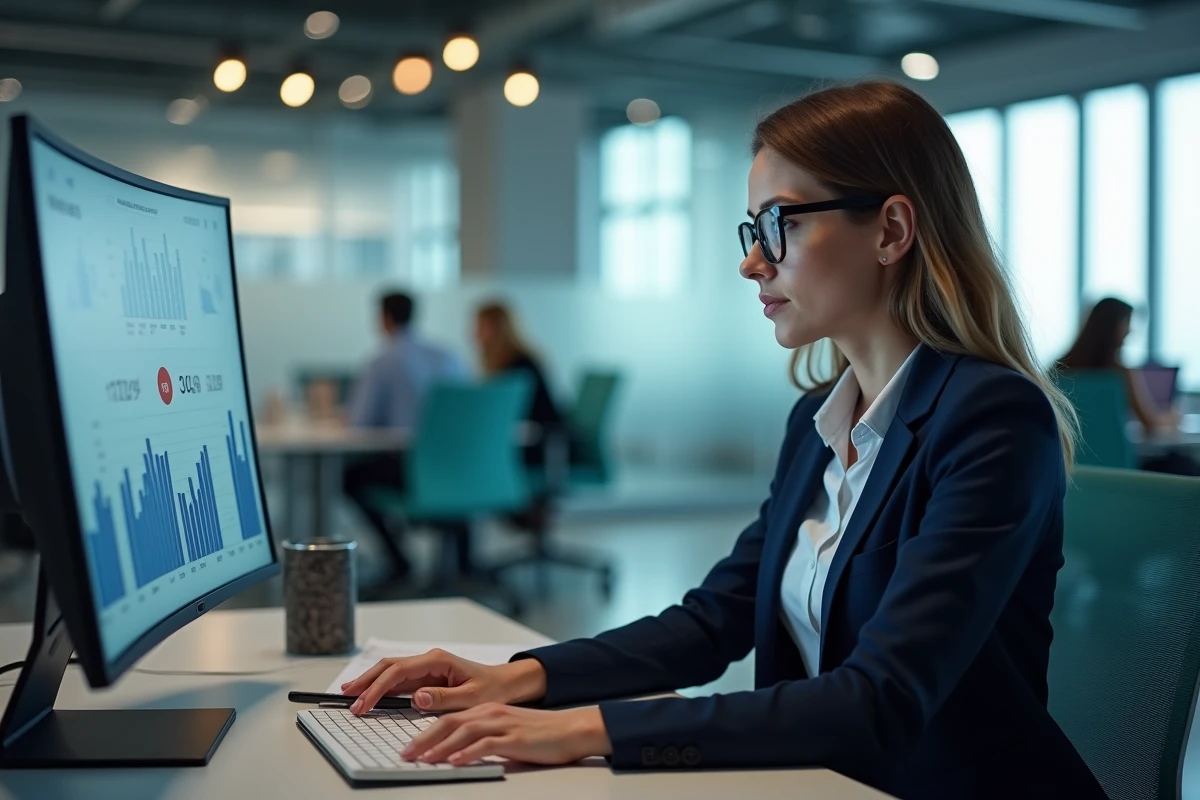 Professionnelle en blazer marine analysant des données de veille stratégique B2B sur un écran de bureau dans un open space moderne