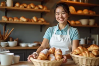Vendeuse en boulangerie arrangeant des viennoiseries derrière le comptoir en bois