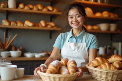 Vendeuse en boulangerie arrangeant des viennoiseries derrière le comptoir en bois