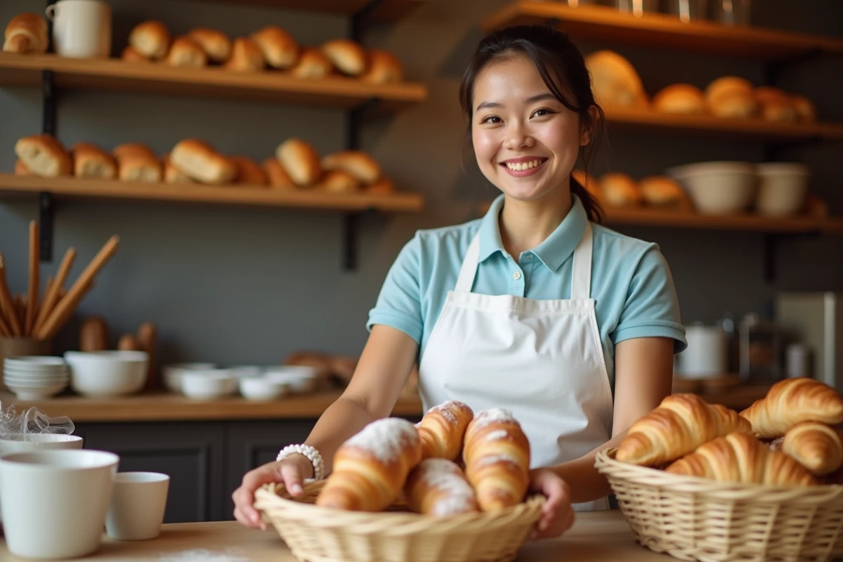 Vendeuse en boulangerie arrangeant des viennoiseries derrière le comptoir en bois