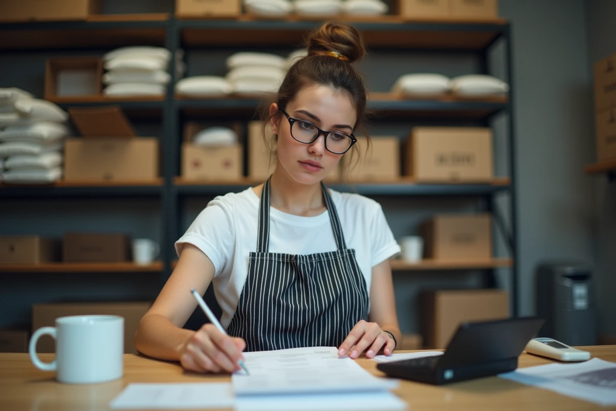 Vendeuse de boulangerie consultant sa fiche de paie dans l'arrière-boutique