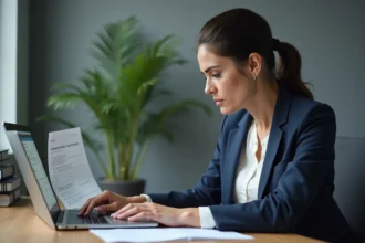 Femme d'affaires vérifiant un numéro SIRET sur un ordinateur portable avec des documents officiels sur son bureau