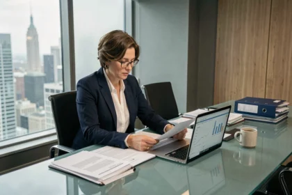 Directrice analysant des documents de vérification avant un partenariat stratégique en salle de conférence