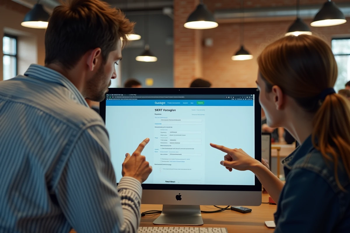 Deux collègues en espace de co-working vérifiant ensemble un numéro SIRET sur un ordinateur partagé