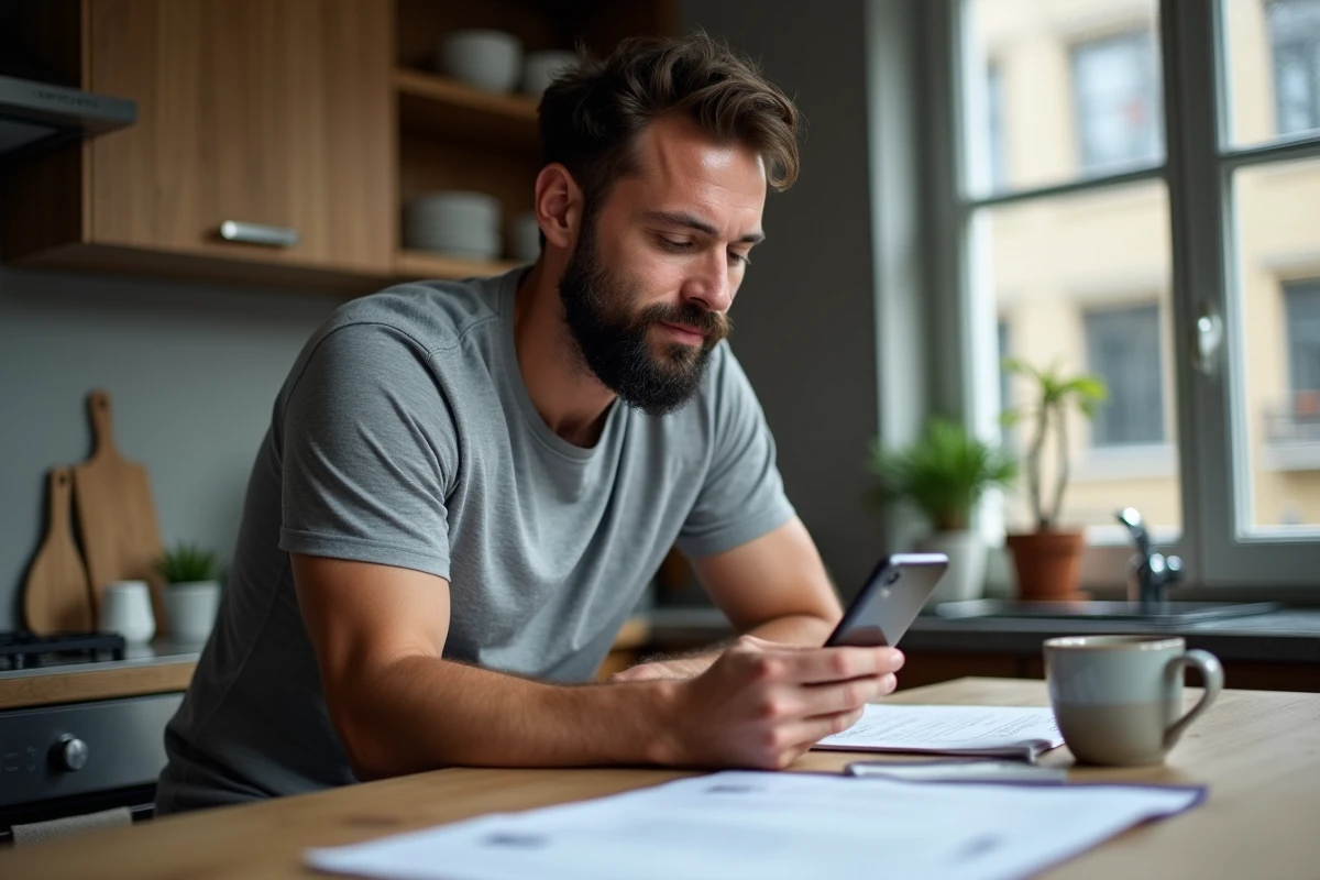 Entrepreneur indépendant consultant un numéro SIRET sur smartphone avec une facture posée sur le comptoir