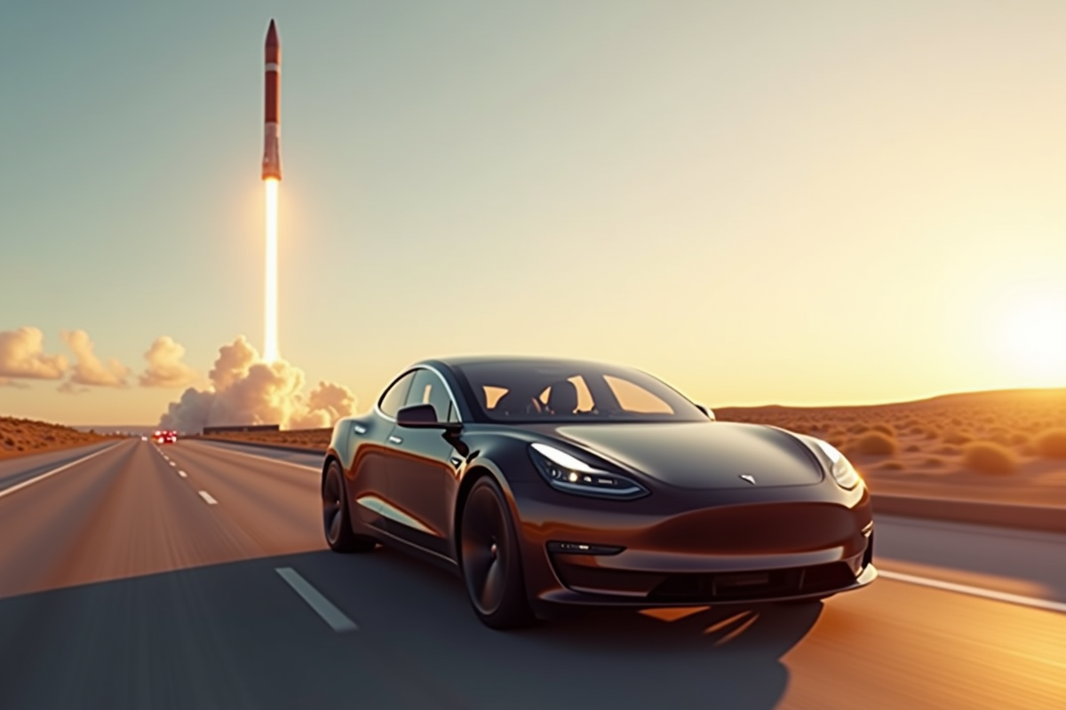 Voiture Tesla brillante avec fusée SpaceX en lancement au loin