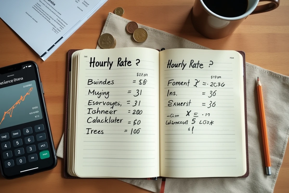 Vue aérienne d'un bureau avec cahier de calculs de taux horaire, calculatrice et facture imprimée