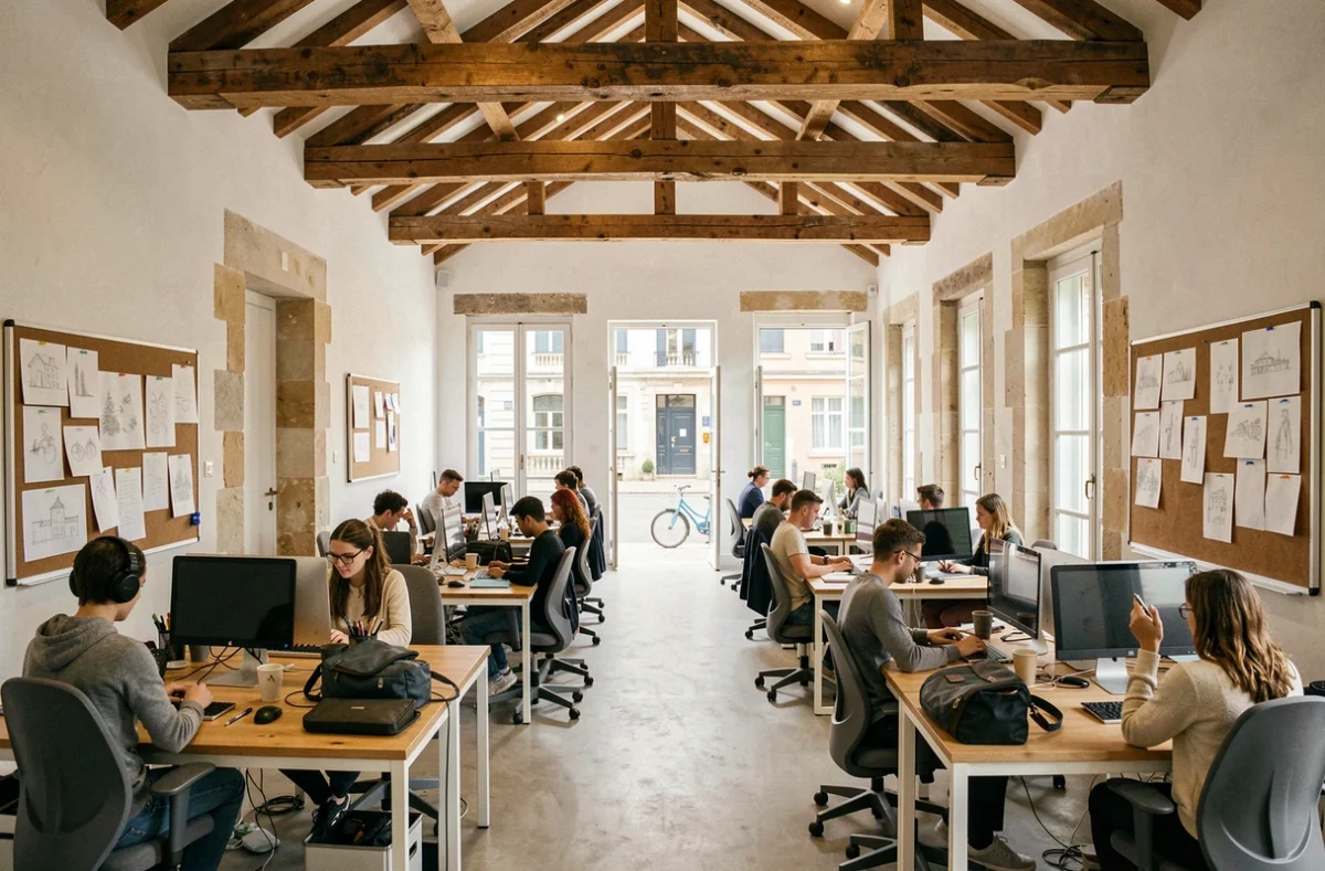 Vue générale d'un espace de coworking à Challans avec bureaux en bois et professionnels en télétravail