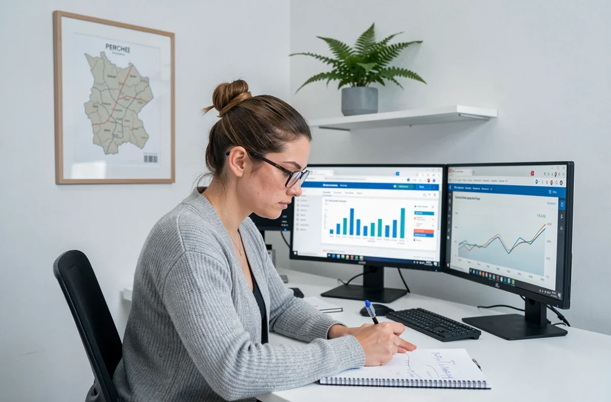 Spécialiste SEO de WebPerche analysant des performances web sur deux écrans dans un bureau épuré